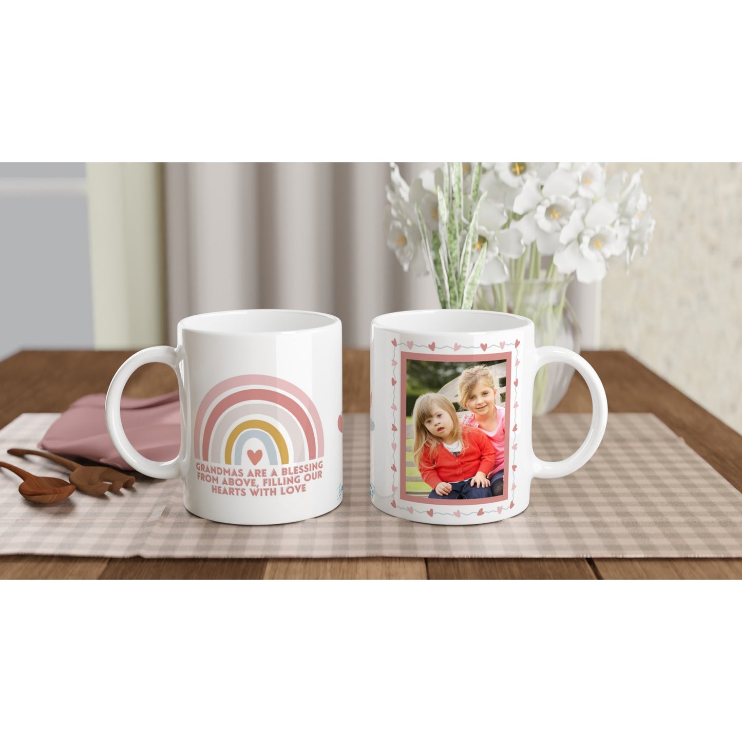 "Grandmothers are a blessing..." Customizable Photo Mug on table