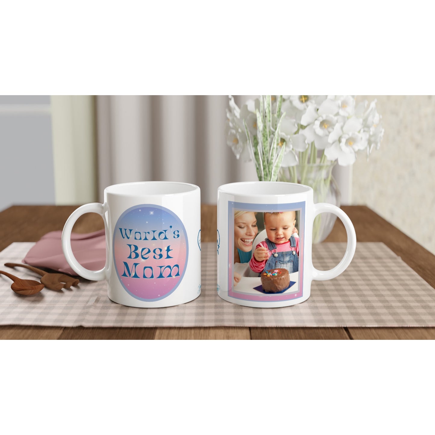 "World's Best Mom" Customizable Photo 11 oz. Mug  on table