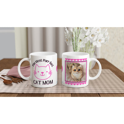 "The Most Purr-fect Cat Mom" Customizable Photo Mug on table