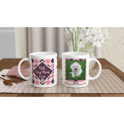 "Best Dog Mom Ever" Customizable Photo & Name 11 oz. Mug front and back view sitting on table