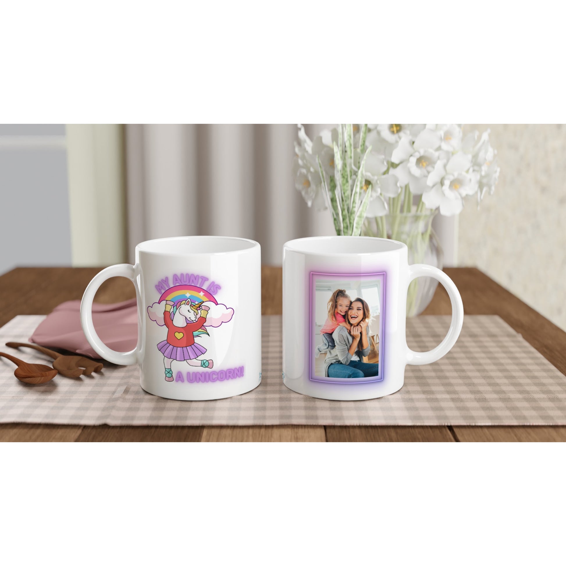 "My Aunt is a Unicorn" Customizable Photo 11 oz. Mug front and back on table view