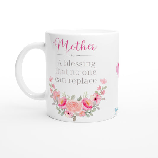 "Mother: A blessing that no one can replace" Customizable Photo 11 oz. Mug front view