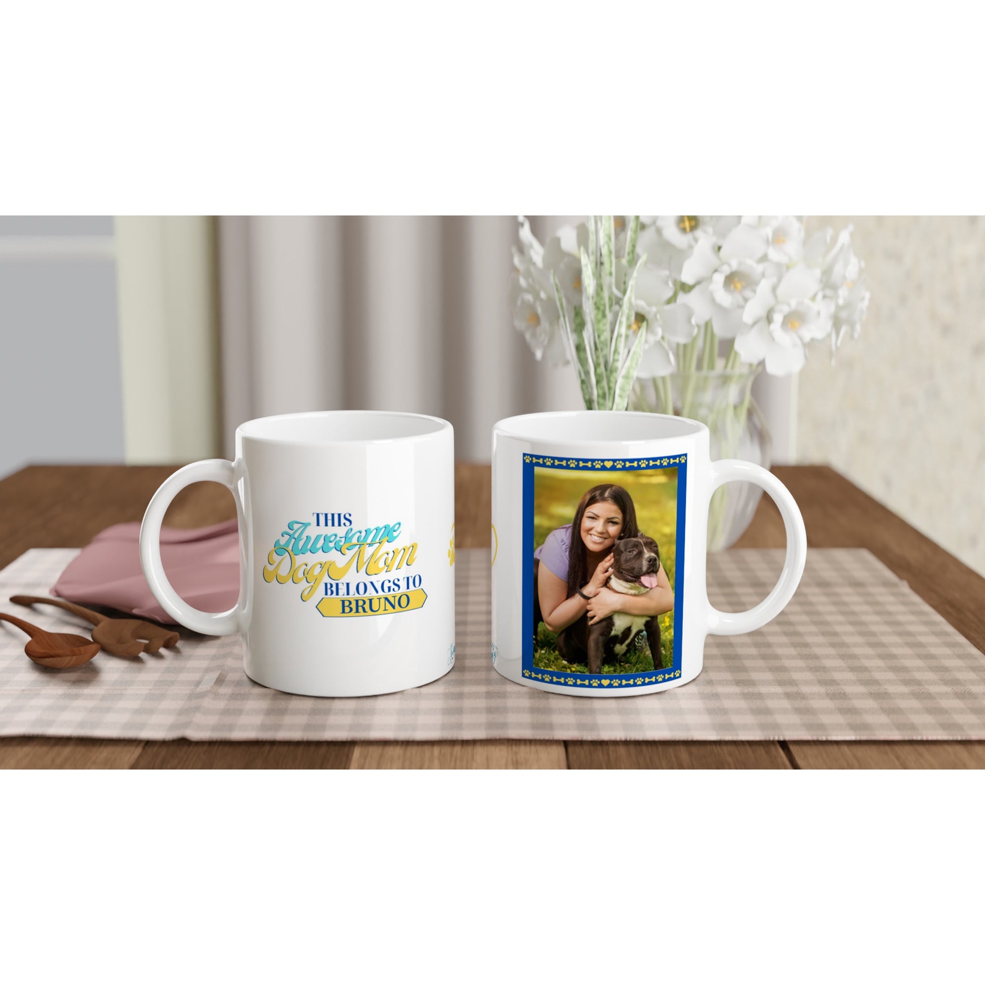 "This Awesome Dog Mom Belongs To..." Customizable Photo & Name Mug back and front view shown sitting on table