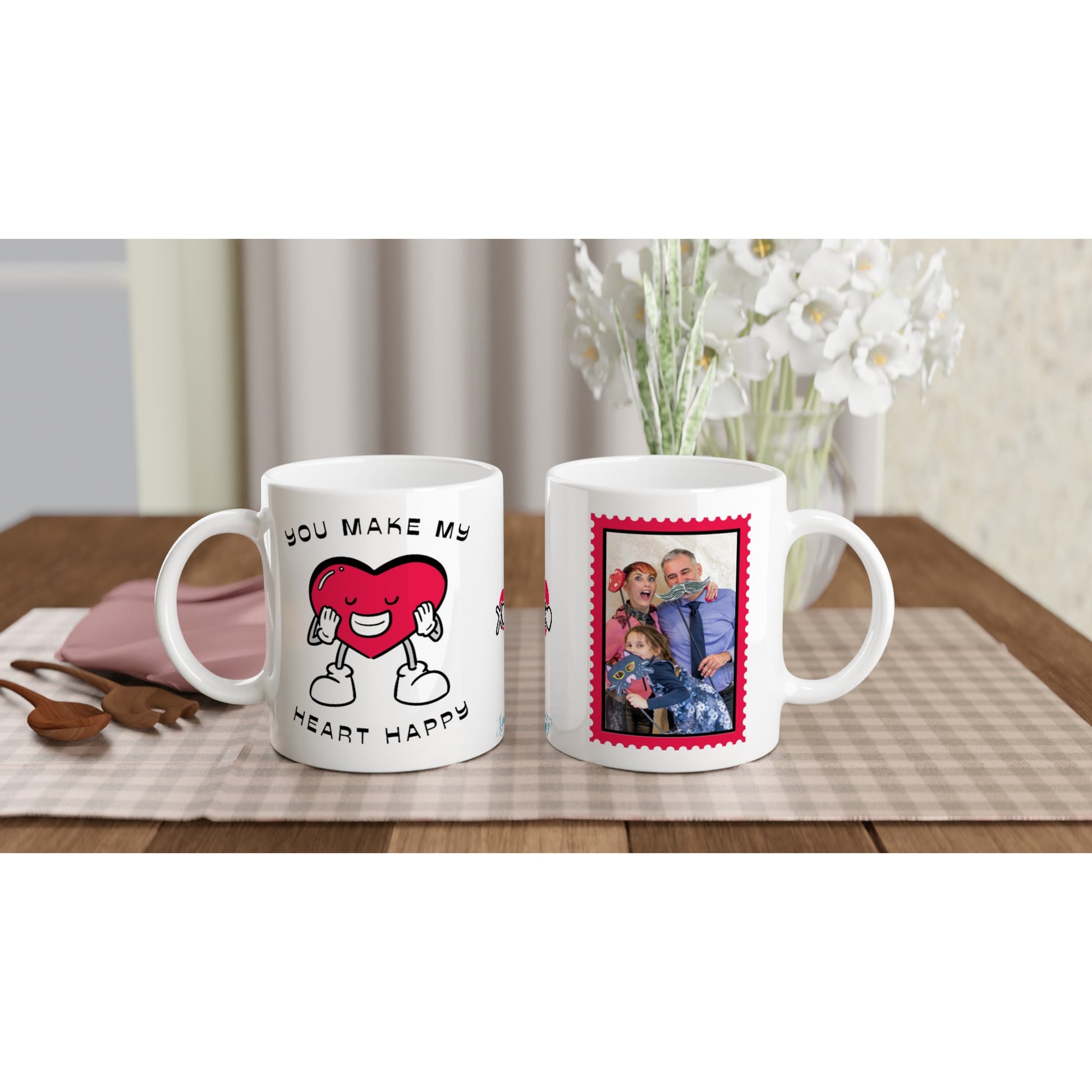 "You Make My Heart Happy" Customizable Photo 11 oz. Mug back and front view on table