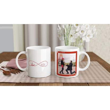 "Infinite Love" Customizable Photo 11 oz. Mug front and back view on table