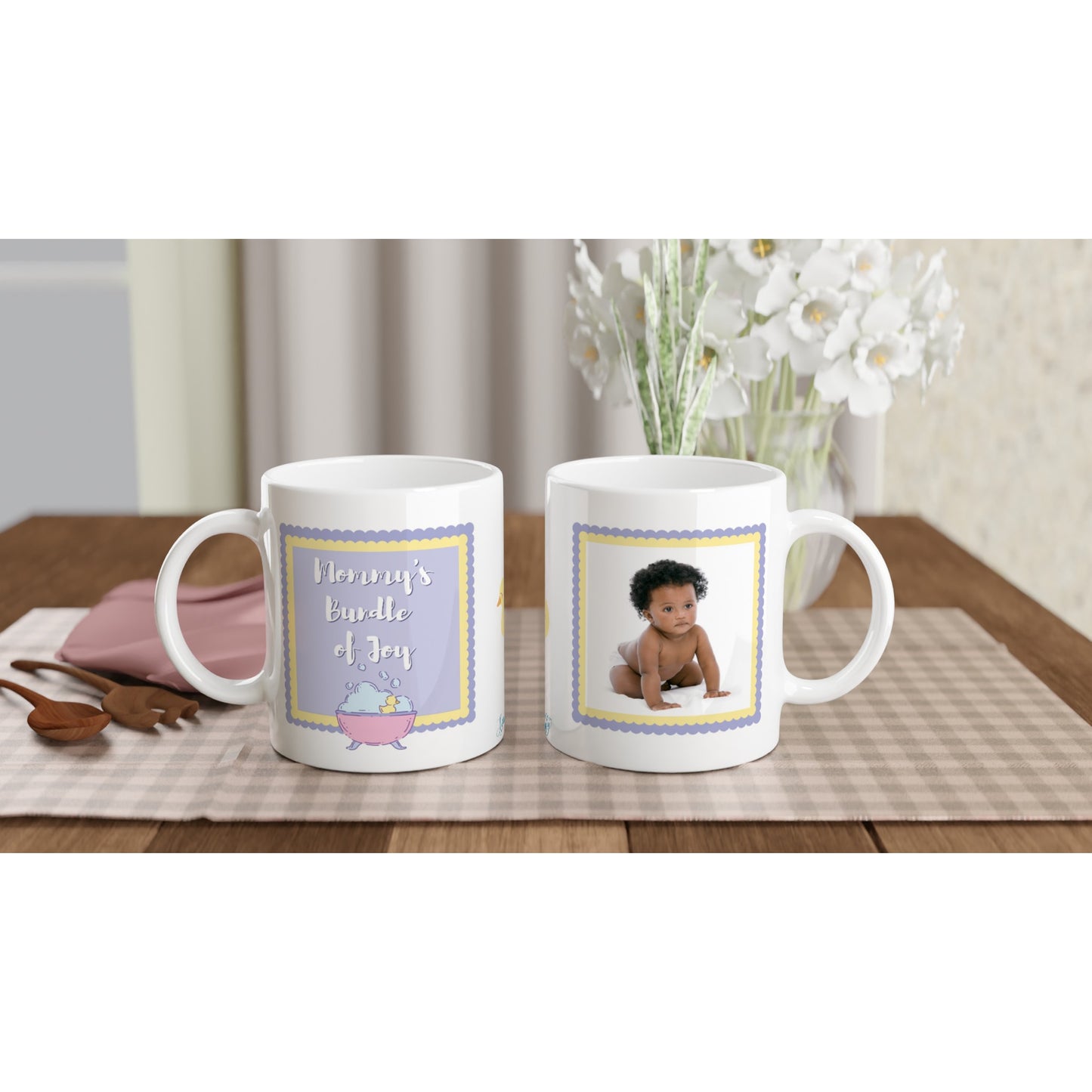 "Mommy's Bundle of Joy" Customizable Photo Mug front and back view sitting on table