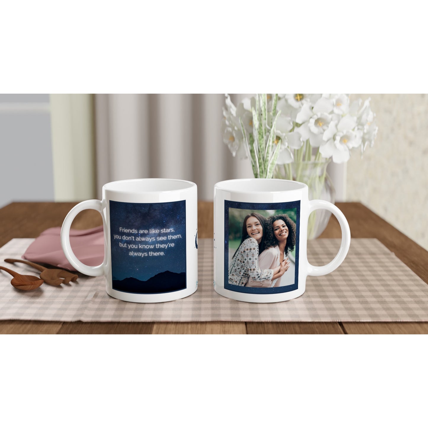"Friends are like stars" Customizable Photo 11 oz. Mug front and back view on table