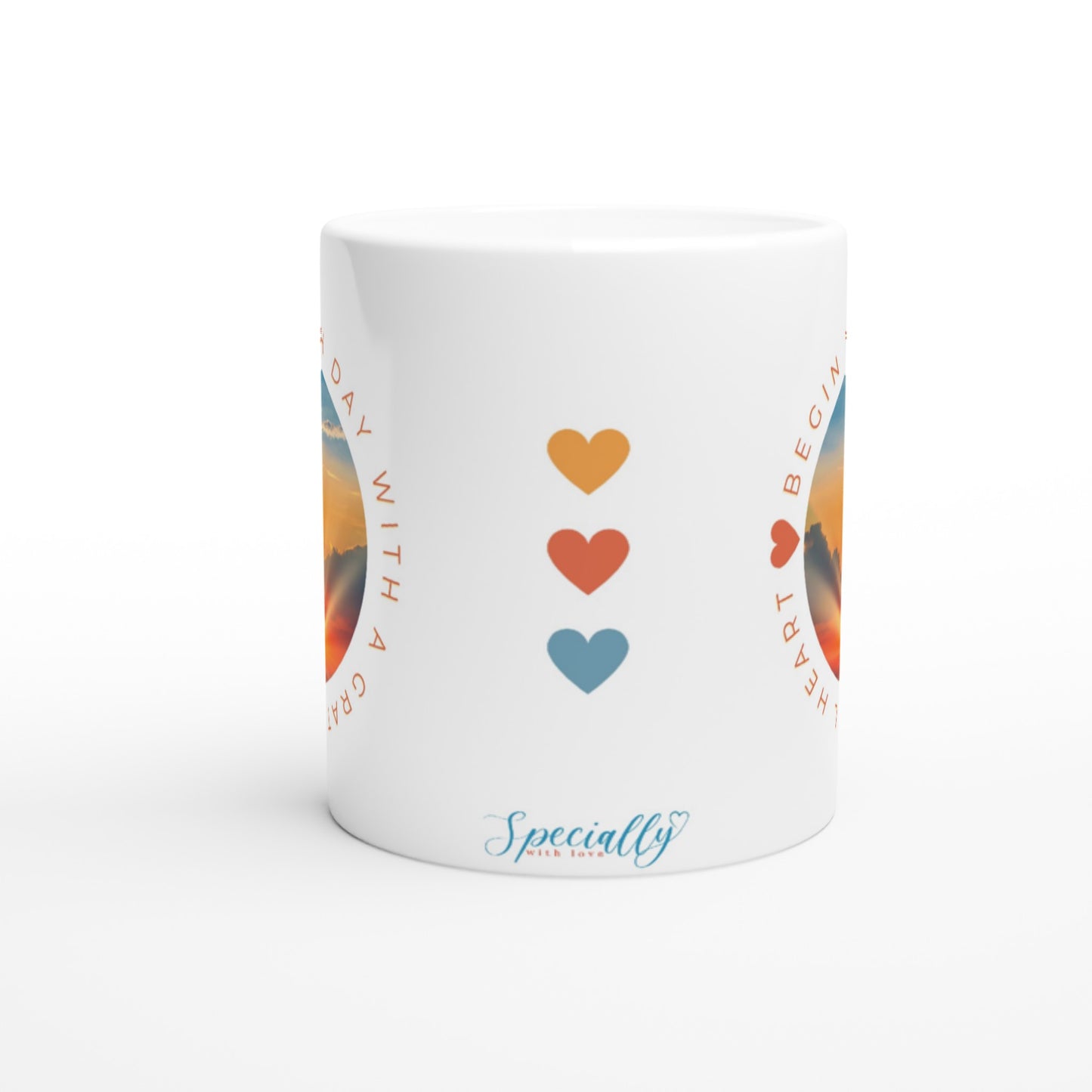 "Begin each day with a grateful heart" 11 oz. Mug side view